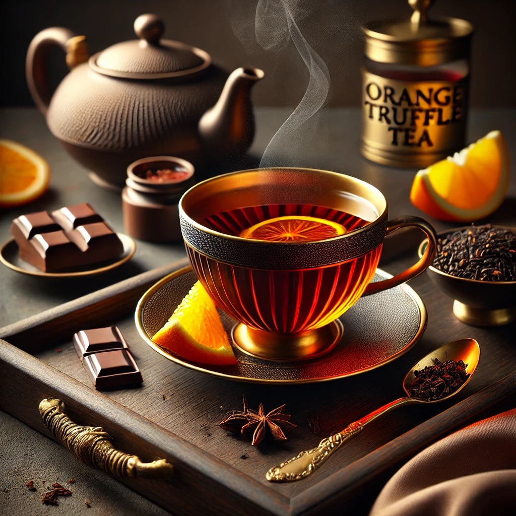 Indulge in Orange Truffle black tea, a smooth fusion of chocolate and citrus.
